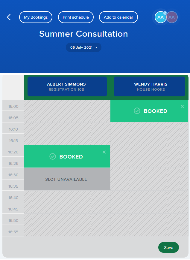 Parents Evening Booking Grid